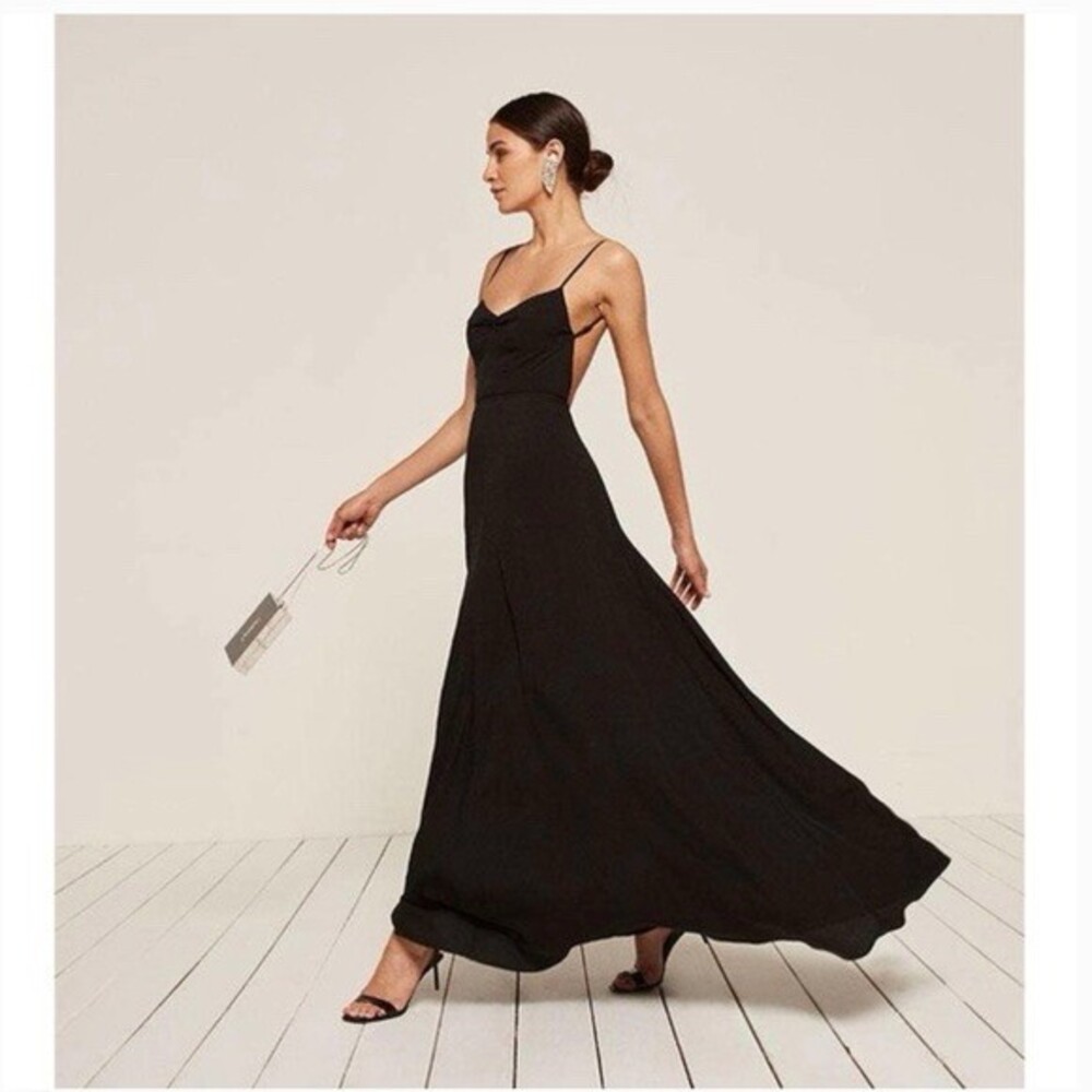 Reformation Maxi Dress Womens Size 2 Black V-Neck Spaghetti Strap Flowy